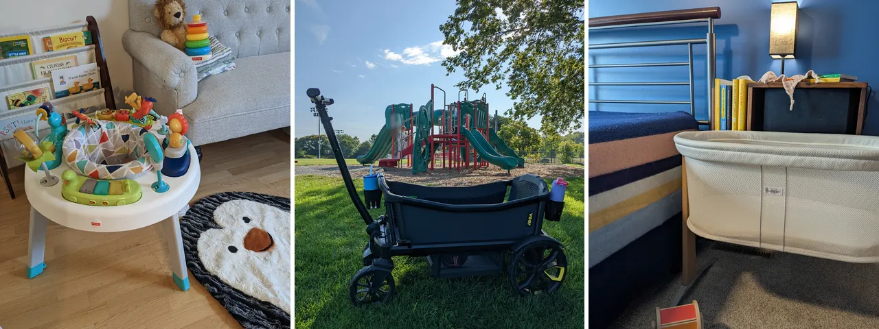 Babies enjoying borrowed gear at home and around town