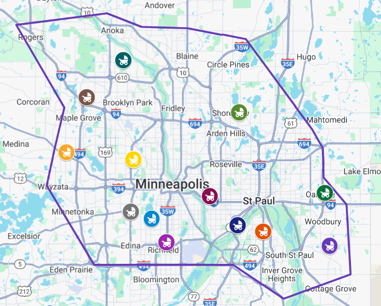 Map of the Baby Gear Group delivery service area across the Twin Cities metro, with pickup locations marked.